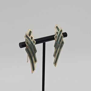 gold tone art deco style threader earrings with turquoise-colored accents